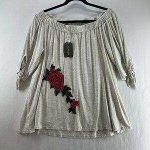 Pebble & Stone Embroidered Rose Top Womens 1X Off Shoulder Tie Cuff Sleeve Beige